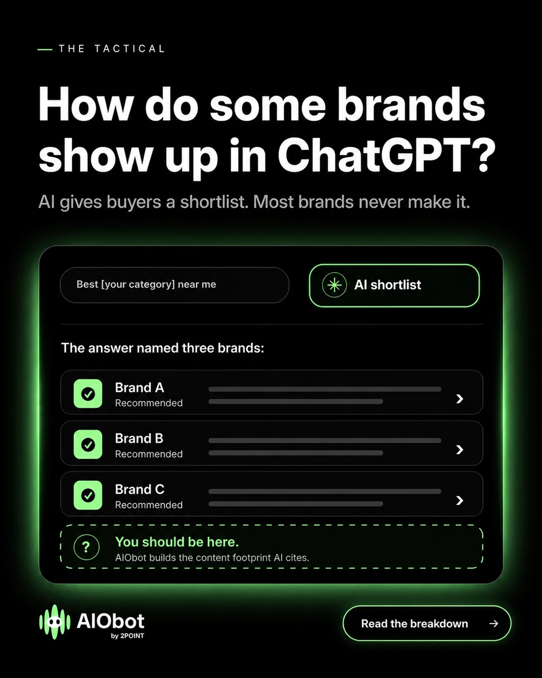 AIObot ad showing an AI shortlist of three recommended brands