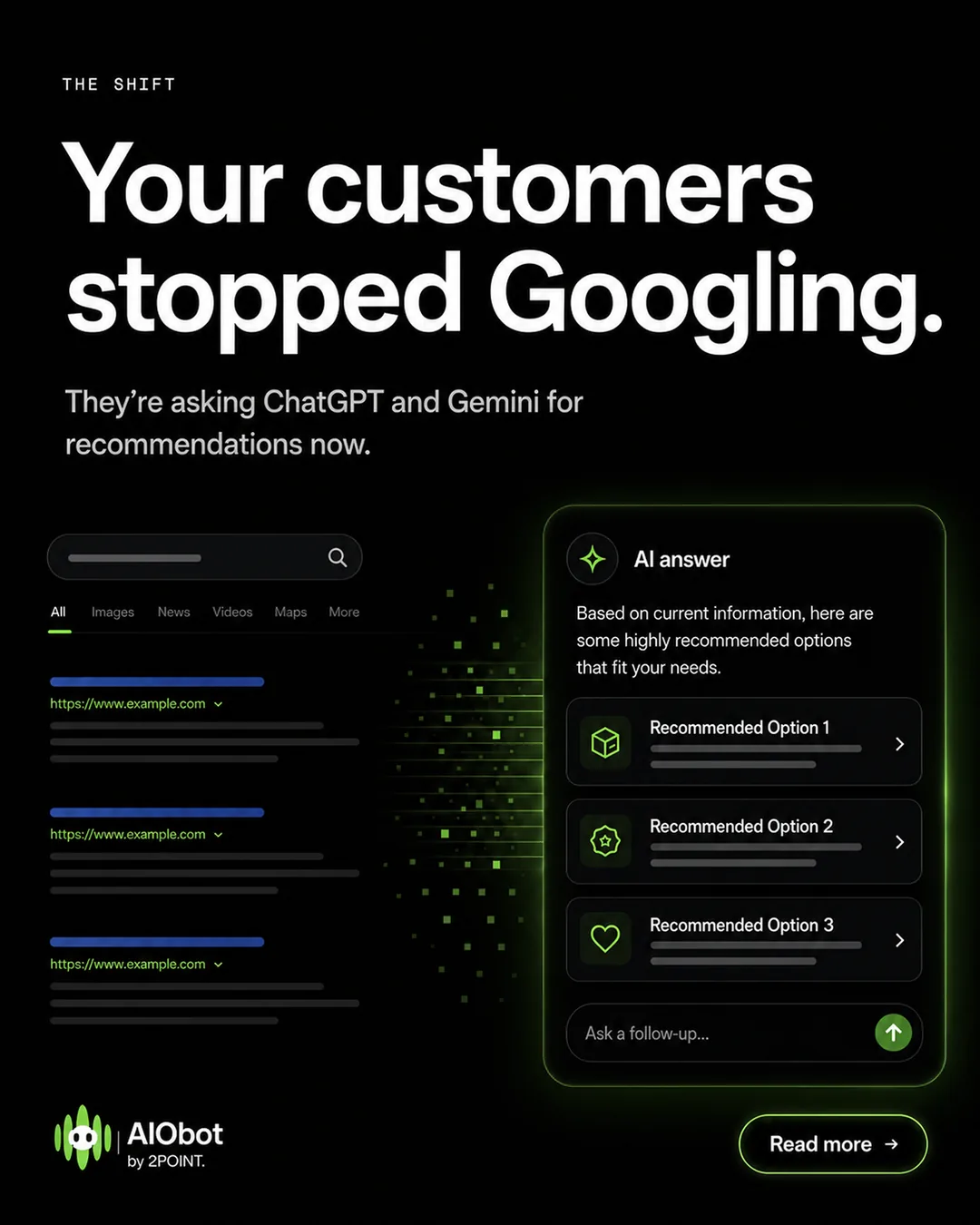AIObot ad showing an AI answer panel replacing search results